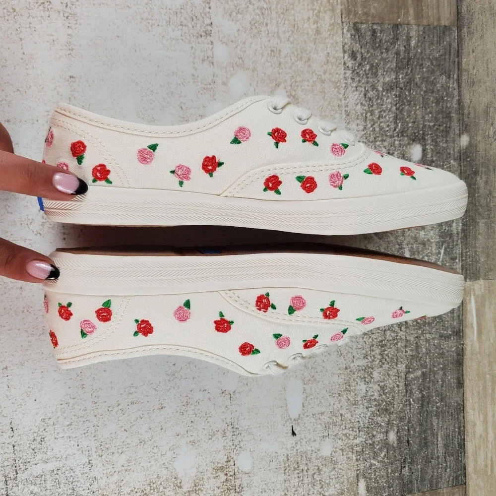 Keds Champion Womens Shoes Sz 5 M Off White Canvas Rose Embroidery Sneakers